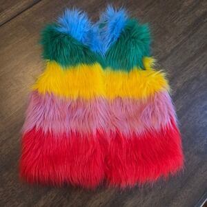 Mini Boden Kids Rainbow Faux Fur Vest Multicolor Shaggy Snap Front 3-4Y